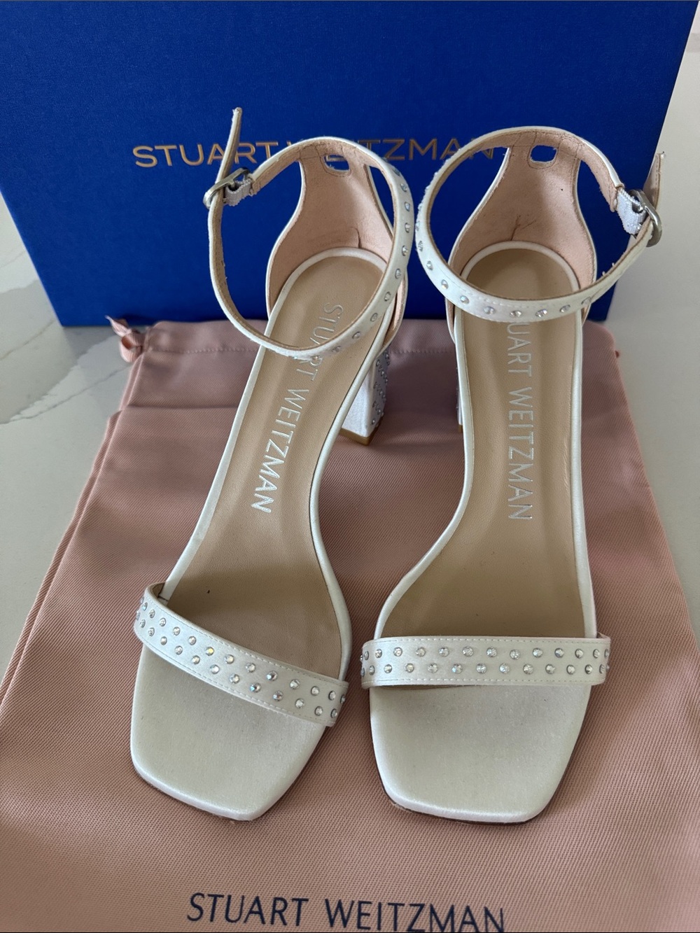 Stuart Weitzman Off White Rhinestone Ankle-Strap Heels 6.5